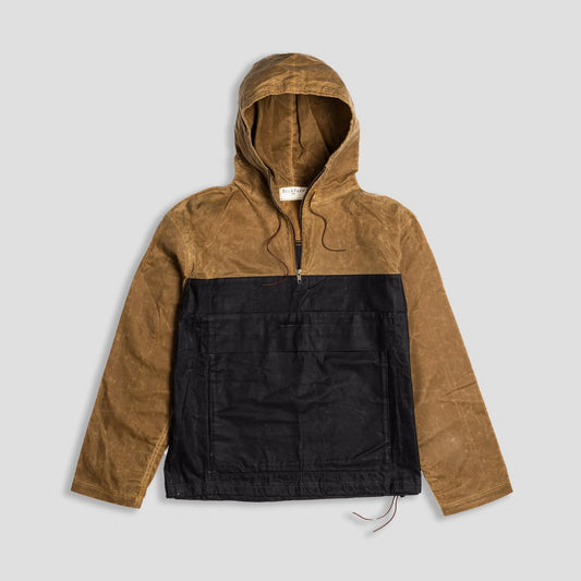 Bickford USA Anorak Sailcloth Jacket in tan and black waxed cotton, flat lay front view with hood up.