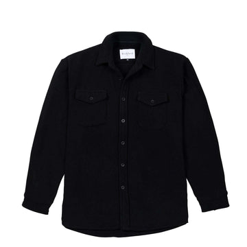 Bickford USA black wool Long Tail Fleece Overshirt with two flap chest pockets and button front, flat lay front view.