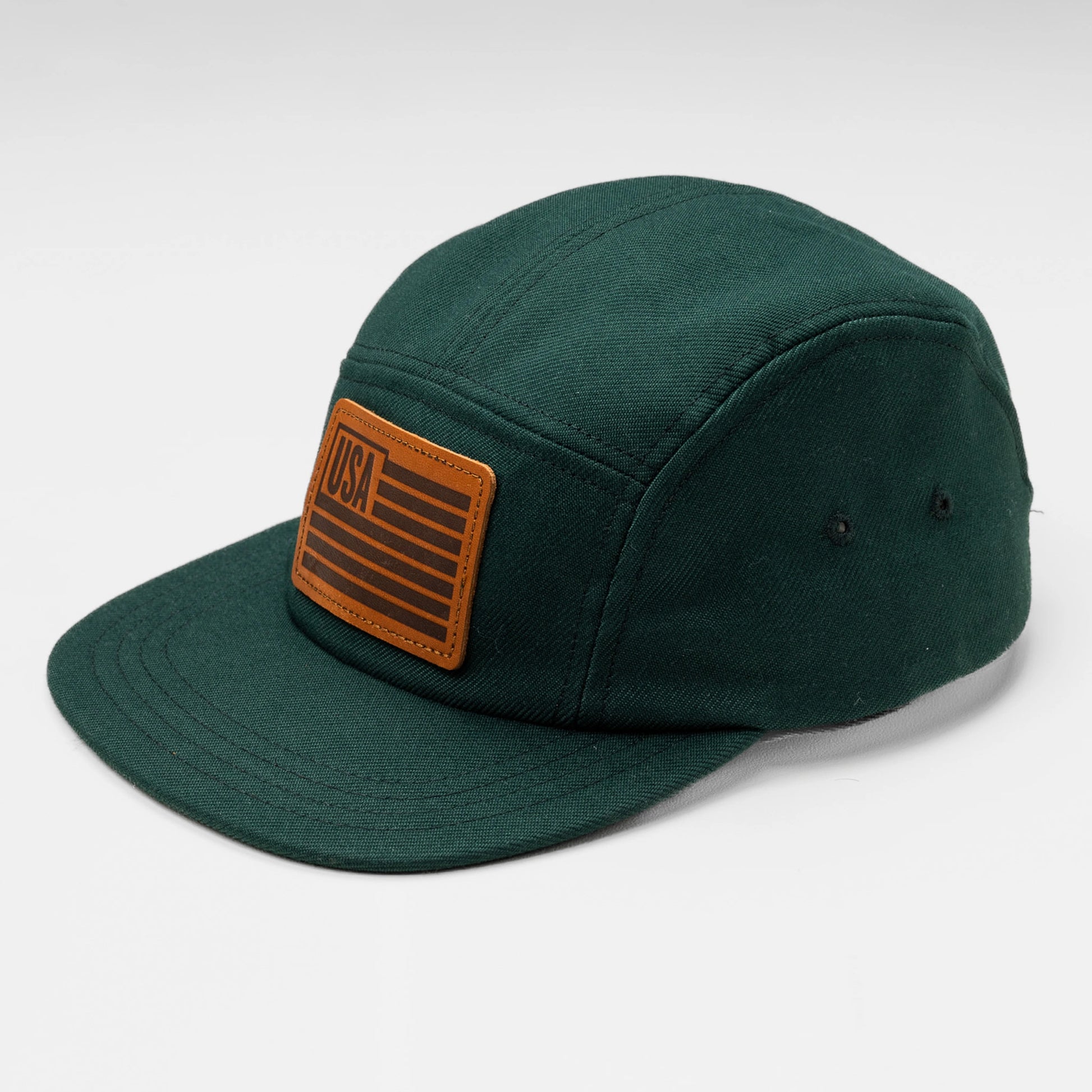 Bickford USA Field Patch 5-Panel Wool Cap in forest green with leather American flag patch