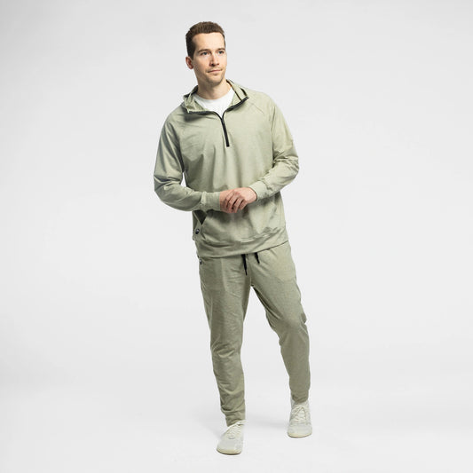 Man wearing Bickford Athletic Joggers and matching hoodie in Cloud Gray, full body view