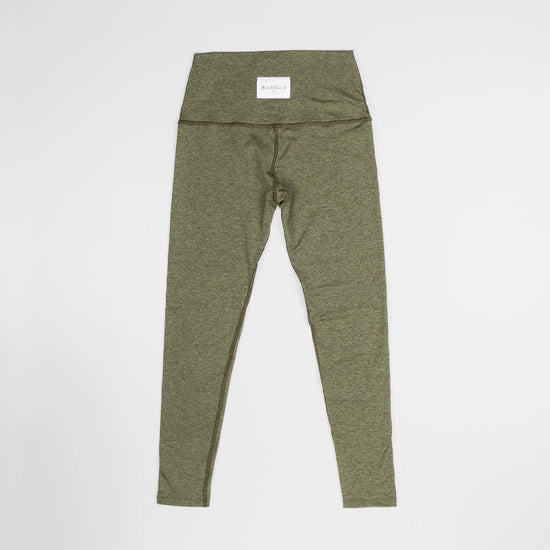 Bickford USA Athletic Leggings in moss green, flat lay back view showing the high waistband and woven Bickford USA label.