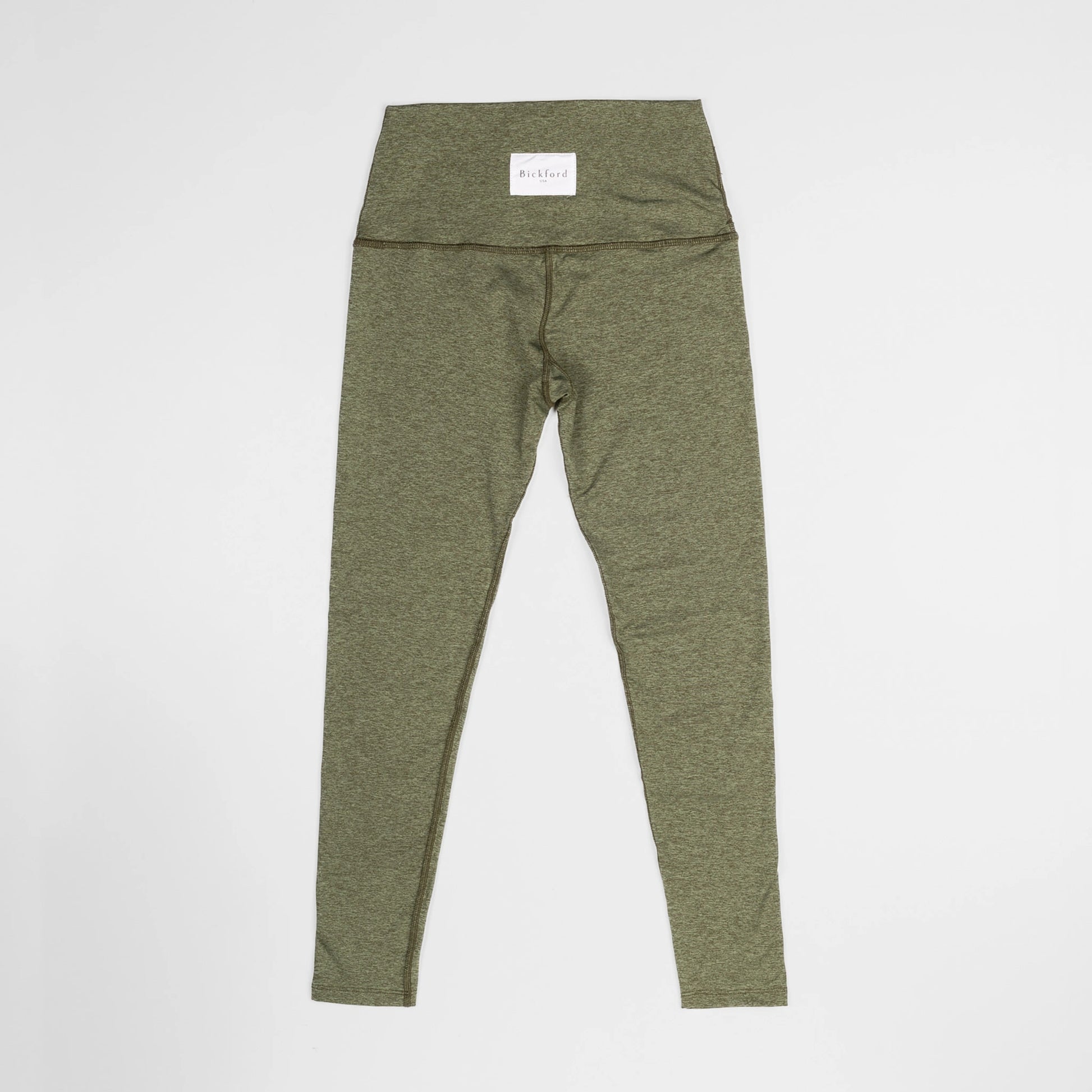 Bickford USA Athletic Leggings in moss green, flat lay back view showing the high waistband and woven Bickford USA label.