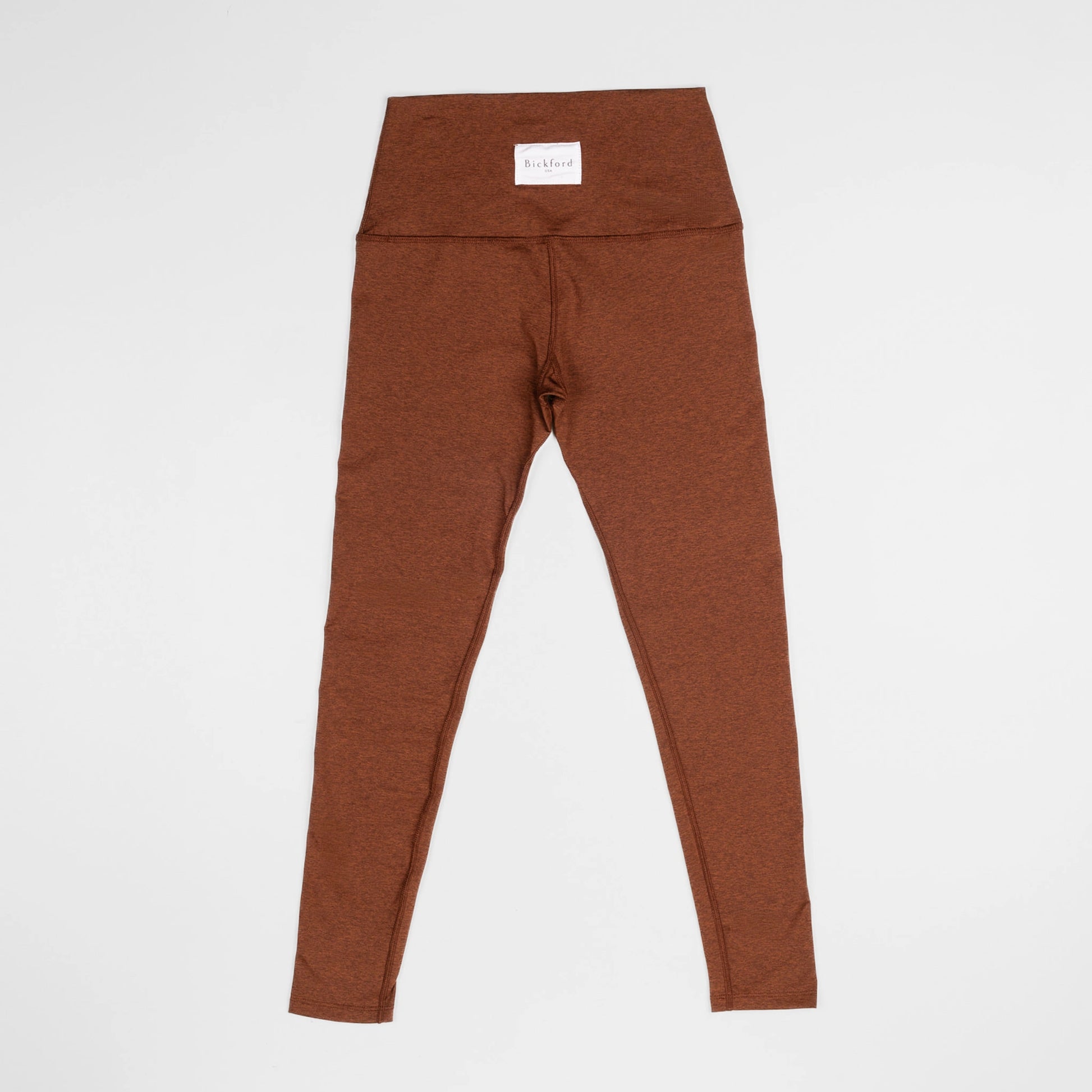 Bickford USA Athletic Leggings in rust, flat lay back view showing the high waistband and woven Bickford USA label.