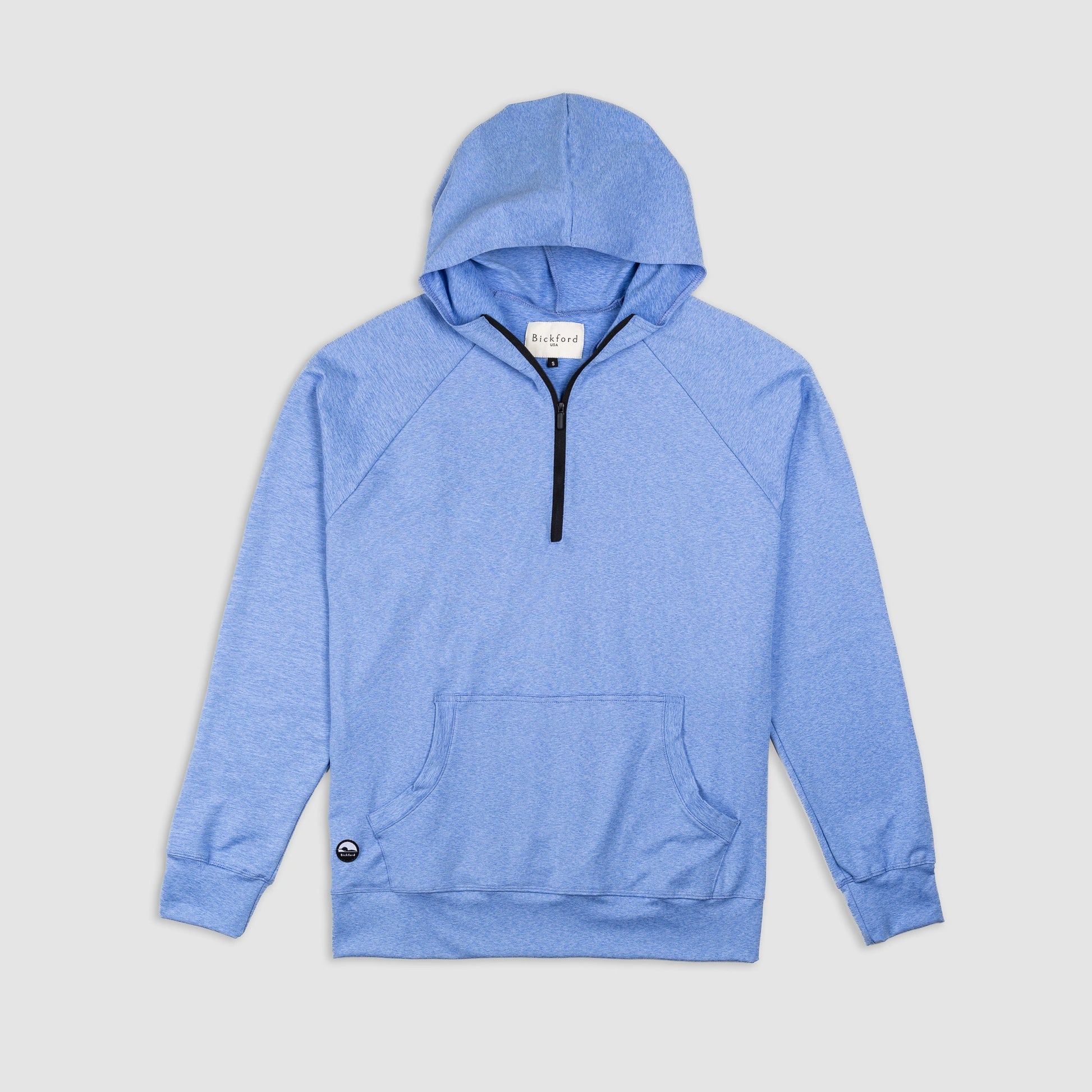 Bickford Athletic Quarter Zip Hoodie in Blue Bird, flat lay front view with black zipper