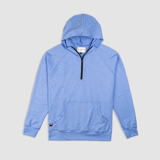 Bickford Athletic Quarter Zip Hoodie in Blue Bird, flat lay front view with black zipper