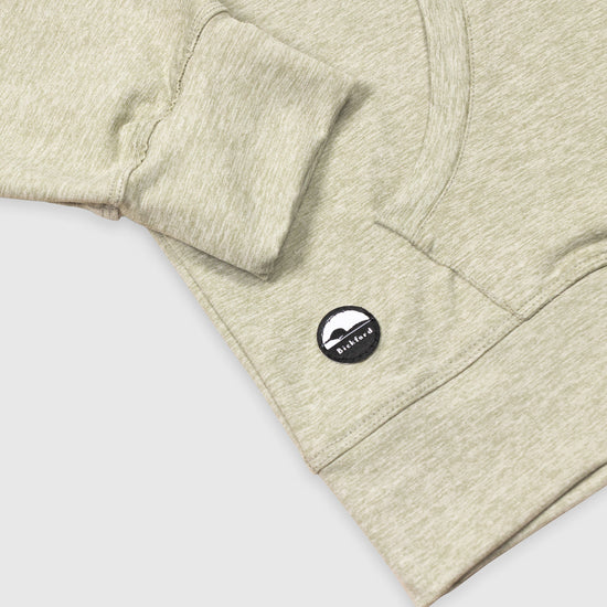 Detail of kangaroo pocket and Bickford logo patch on Cloud Gray Athletic Quarter Zip Hoodie