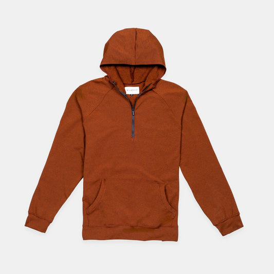 Bickford Athletic Quarter Zip Hoodie in Rust, flat lay front view with black zipper