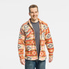 Man wearing the Bickford USA Heritage Trail colorway button-down fleece overshirt open over a gray t-shirt, paired with jeans, smiling and facing forward, against a white background.