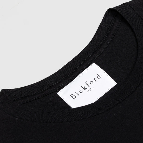 Close-up of Bickford USA woven neck label on Black Everyday Long Sleeve Tee