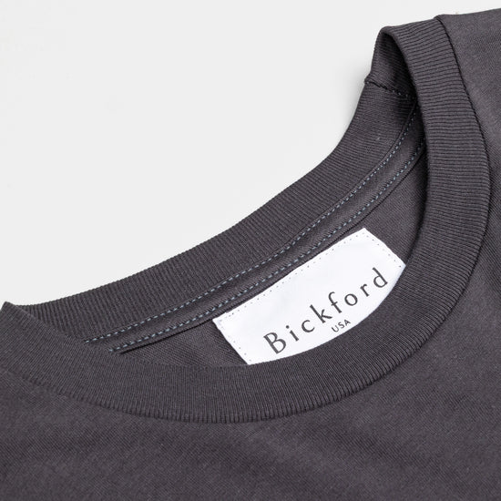 Close-up of Bickford USA woven neck label on Dark Gray Everyday Long Sleeve Tee