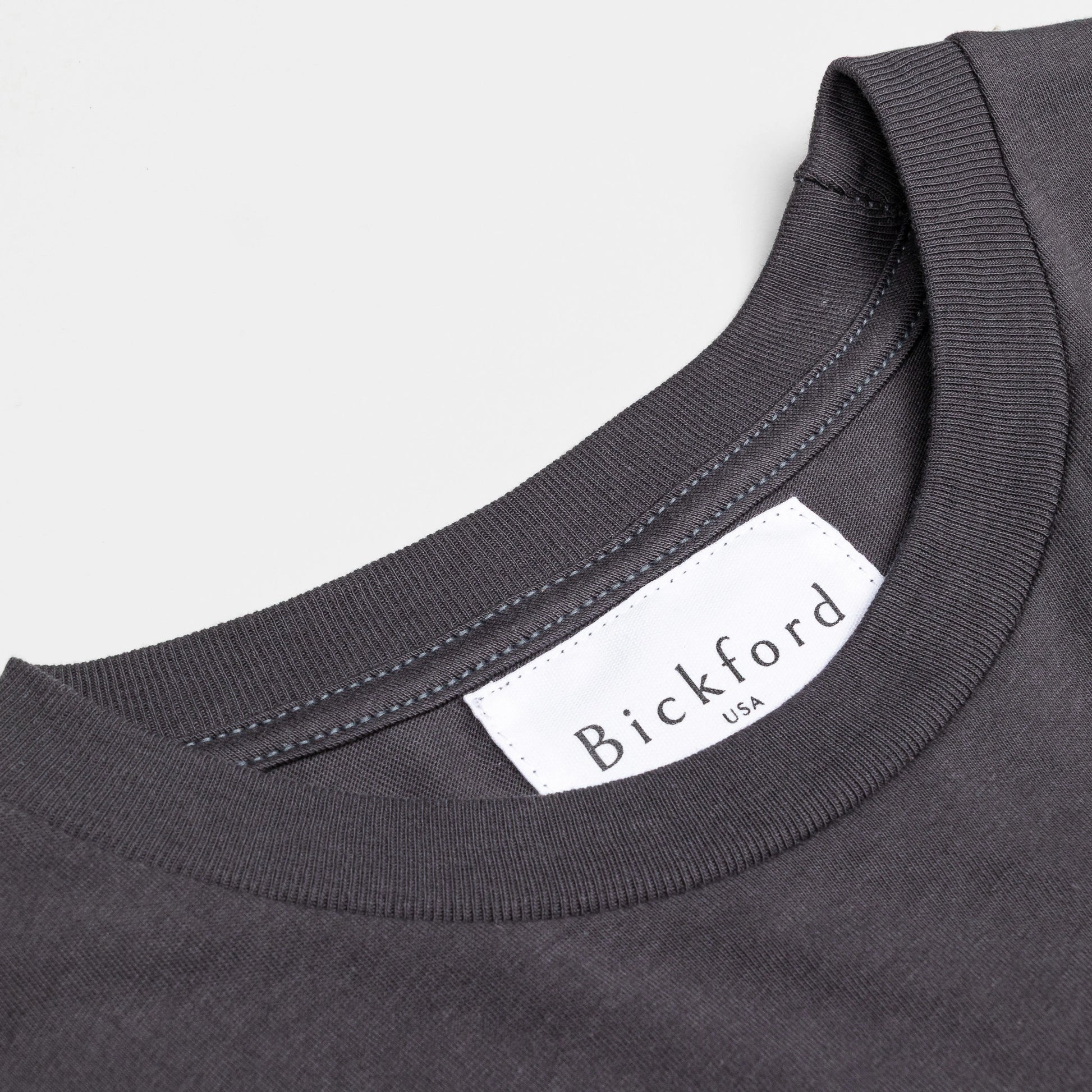 Close-up of Bickford USA woven neck label on Dark Gray Everyday Long Sleeve Tee