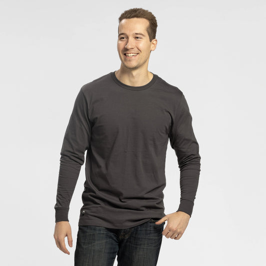 Man wearing Bickford Everyday Long Sleeve Tee in Dark Gray with jeans