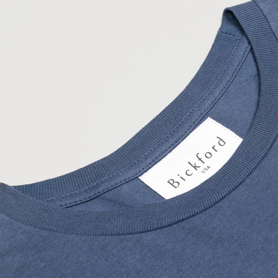 Close-up of Bickford USA woven neck label on Navy Everyday Long Sleeve Tee