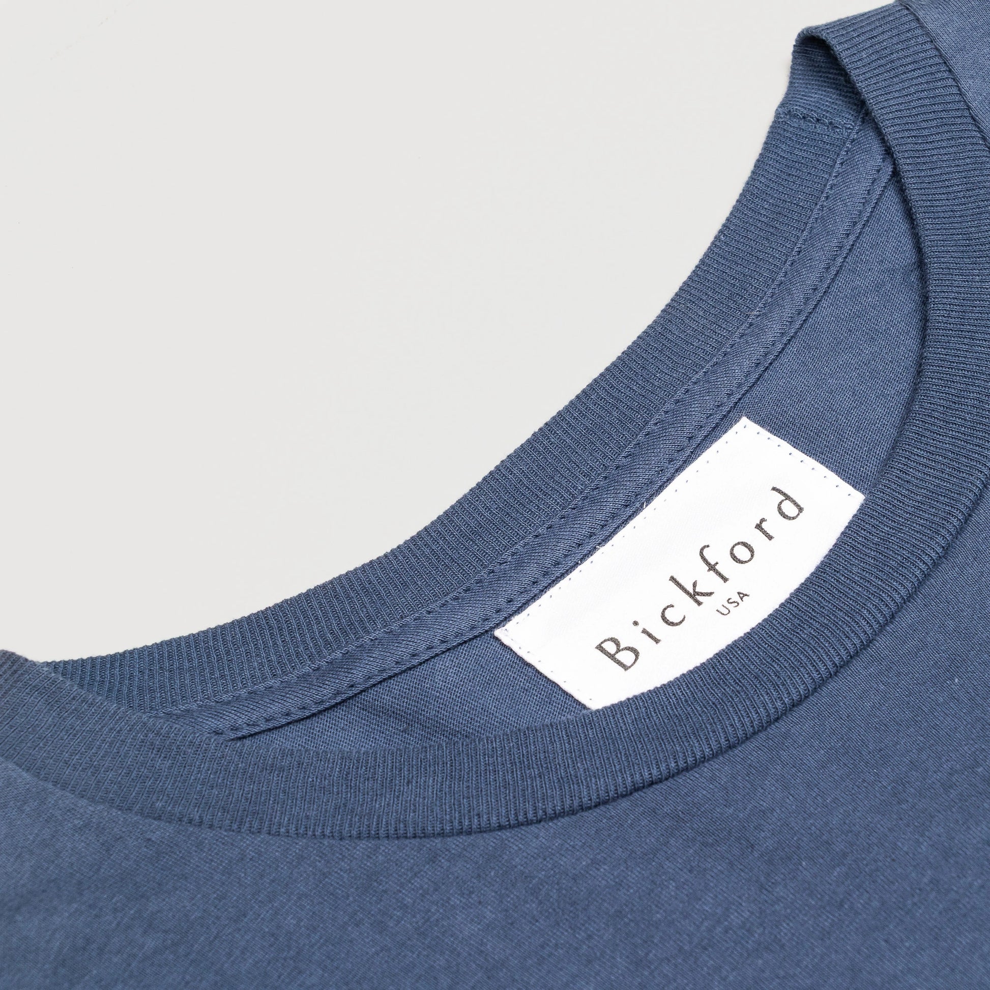 Close-up of Bickford USA woven neck label on Navy Everyday Long Sleeve Tee