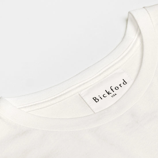 Close-up of Bickford USA woven neck label on Natural White Everyday Long Sleeve Tee