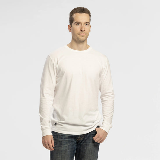 Man wearing Bickford Everyday Long Sleeve Tee in White with jeans