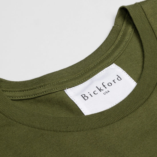 Close-up of Bickford USA woven neck label on Army Green Everyday Tee