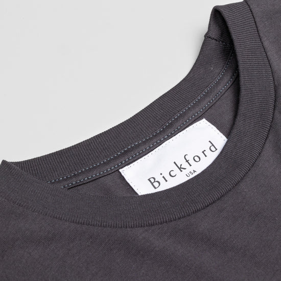 Close-up of Bickford USA woven neck label on Dark Gray Everyday Tee