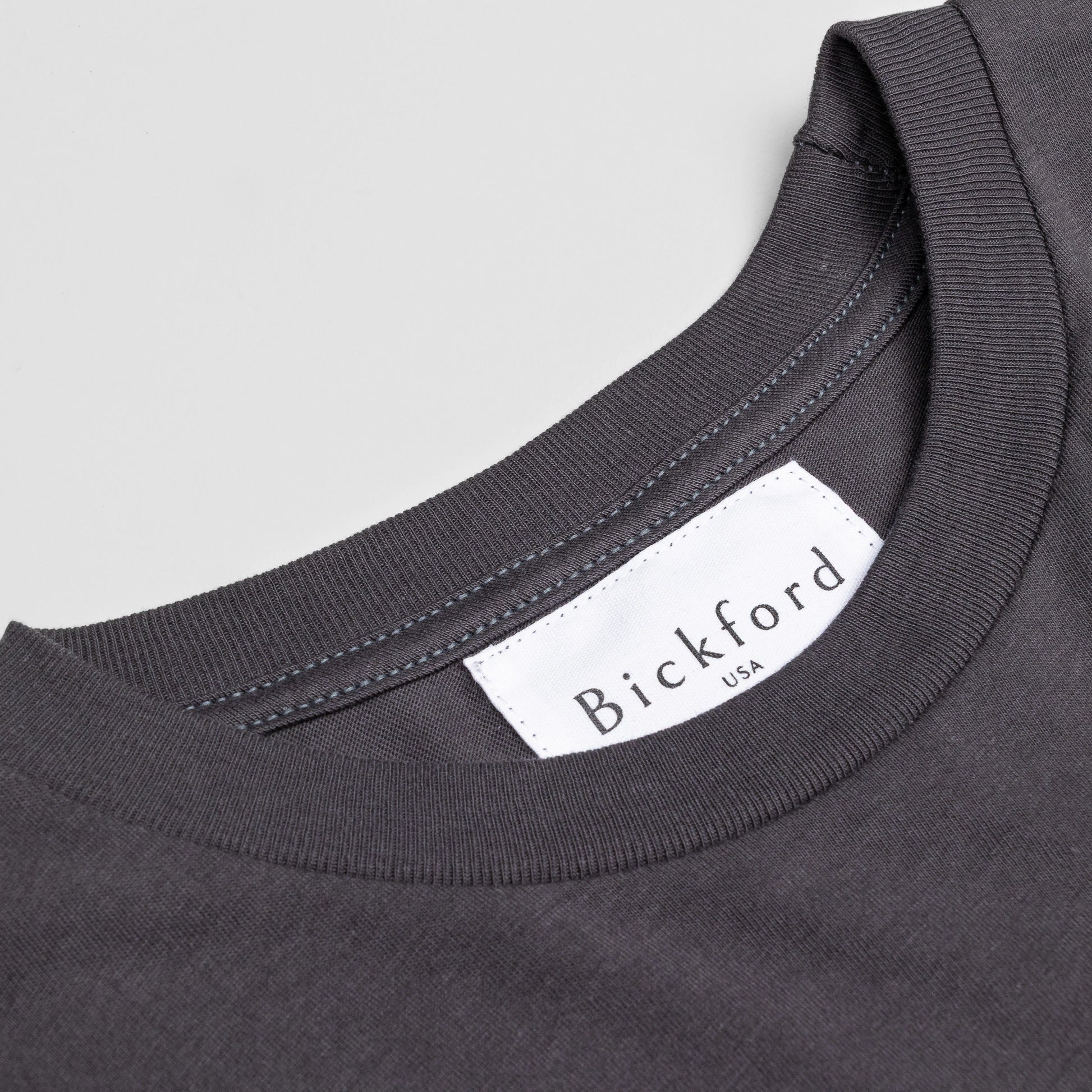 Close-up of Bickford USA woven neck label on Dark Gray Everyday Tee