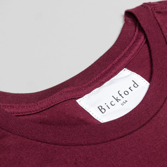 Close-up of Bickford USA woven neck label on Maroon Everyday Tee