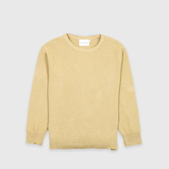 Bickford USA Fisherman Crewneck sweater in cream, laid flat on a light gray background, showing the full front with seed stitch knit texture and ribbed crew neck, cuffs, and hem.