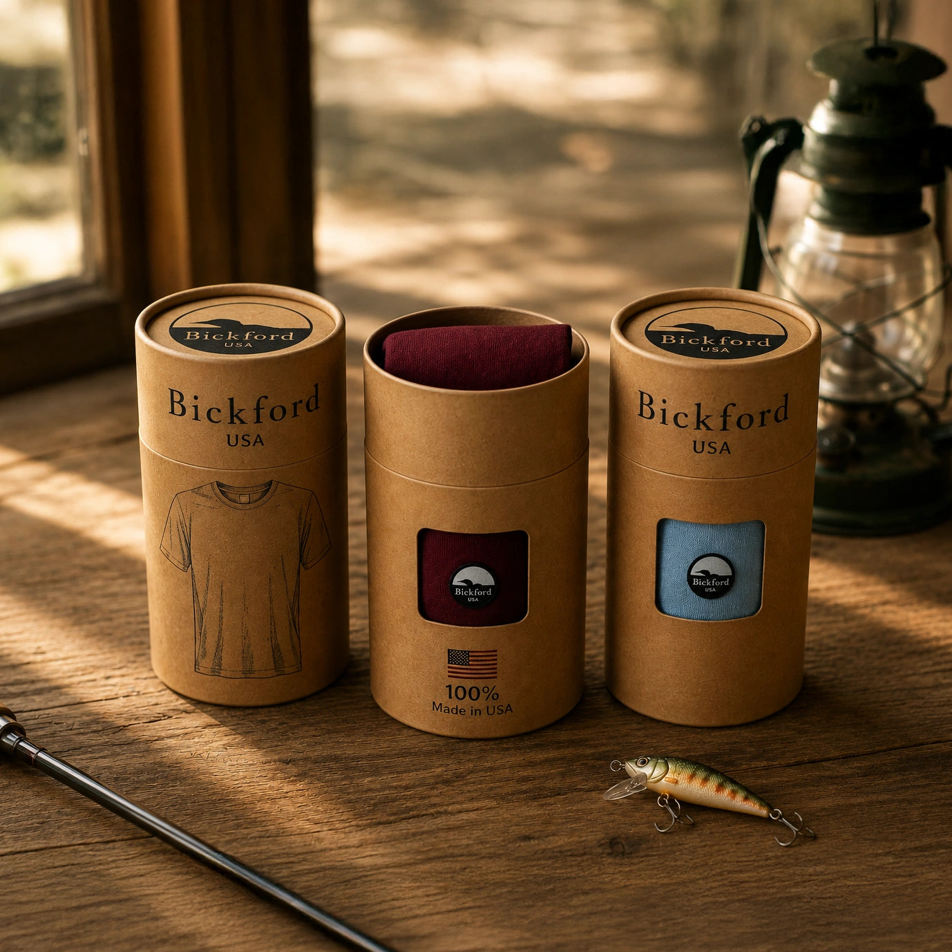 Three kraft cardboard tube cylinders of Bickford USA tee packaging arranged on a rustic wood surface — the left tube shows an illustrated t-shirt graphic with "Bickford USA" branding, the middle tube is open with a burgundy tee inside and a "100% Made in USA" American flag stamp, and the right tube features a window showing a light blue tee with a Bickford logo patch — styled alongside a fishing rod handle, a small fishing lure, and a vintage oil lantern, with warm window light streaming across the scene.