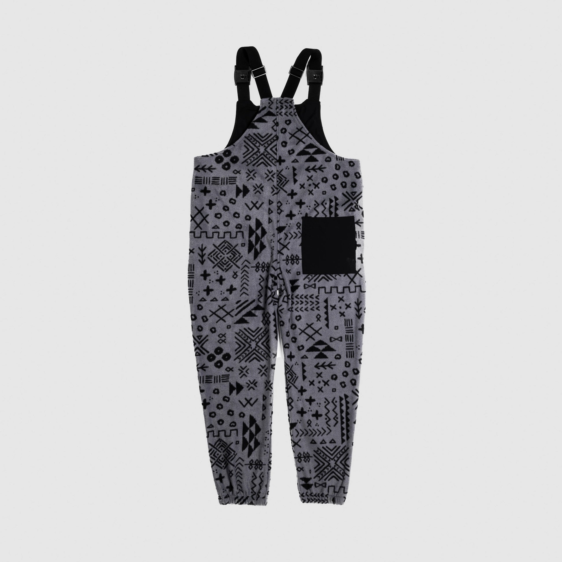 Bickford USA fleece overall bib in Boulder colorway, back view, showing the black square back pocket and elastic ankle cuffs against a light gray background.
