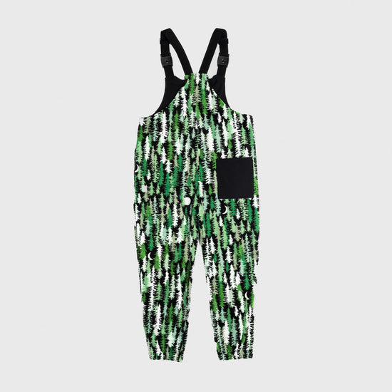 Bickford USA fleece overall bib in Eastern Pine colorway, back view, showing the black square back pocket and elastic ankle cuffs, against a light gray background.