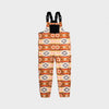 Bickford USA fleece overall bib in the Heritage Trail colorway — a Southwestern-inspired pattern in warm tones of rust, orange, tan, cream, and slate blue — front view with black chest pocket and Fidlock buckles, against a light gray background.
