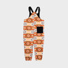 Bickford USA fleece overall bib in Heritage Trail colorway, back view, showing the black square back pocket and elastic ankle cuffs, against a light gray background.
