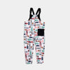 Bickford USA fleece overall bib in the Sugarbush colorway, back view, showing the black square back pocket, elastic ankle cuffs, and the full winter ski resort print pattern, against a light gray background.