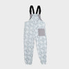 Bickford USA fleece overall bib in Snowflake colorway, back view, showing the gray square back pocket and elastic ankle cuffs, against a light gray background.