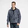 Man wearing the Bickford USA Boulder colorway quarter-snap fleece pullover over a dark shirt, paired with jeans, collar partially open, against a white background.