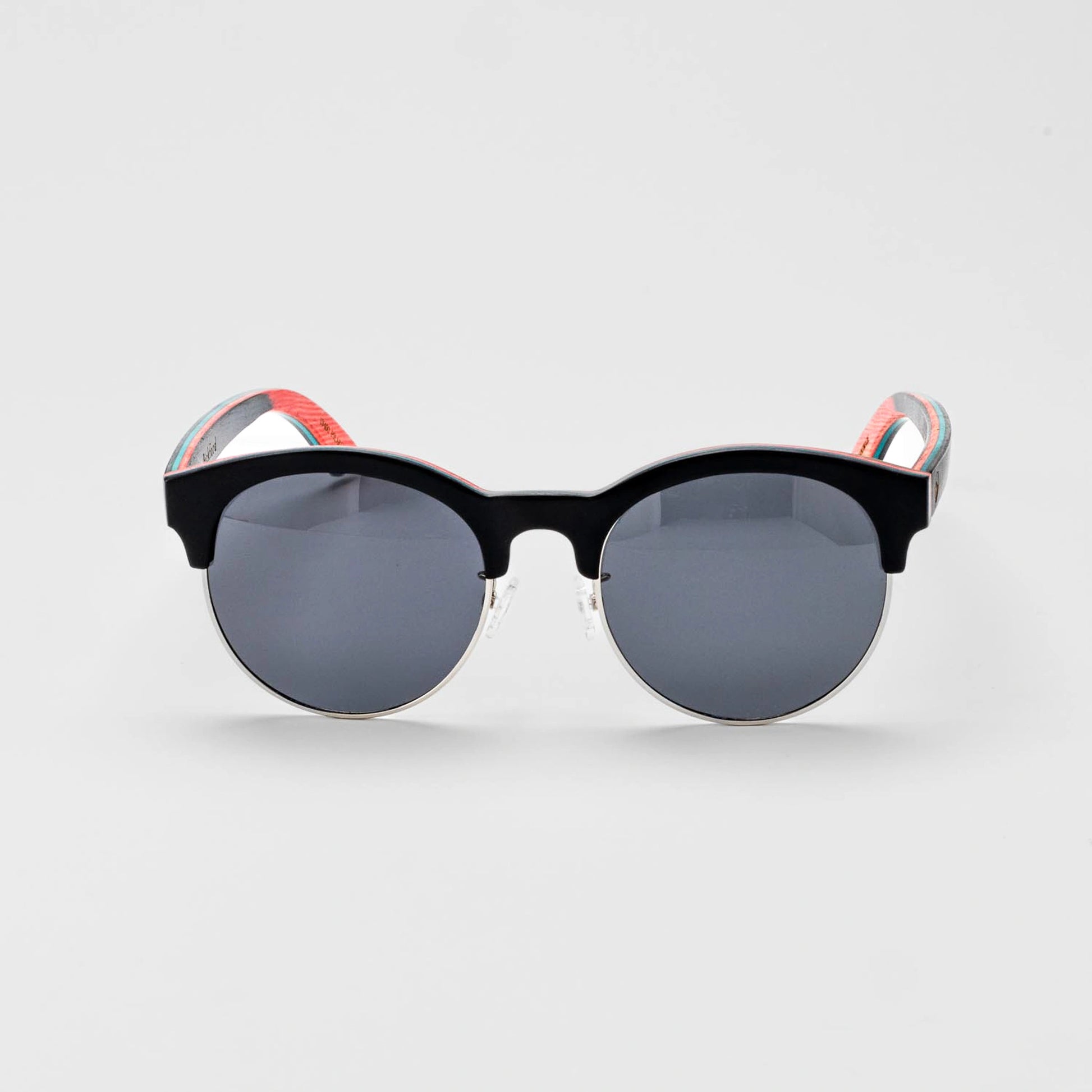 Bickford USA Timberline Half-Frame Sunglasses in midnight black, front view, with skate-deck layered wood temples and smoke lenses.