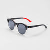 Bickford USA Timberline Half-Frame Sunglasses in midnight black, angled side view showing the layered wood temples and engraved Bickford logo.