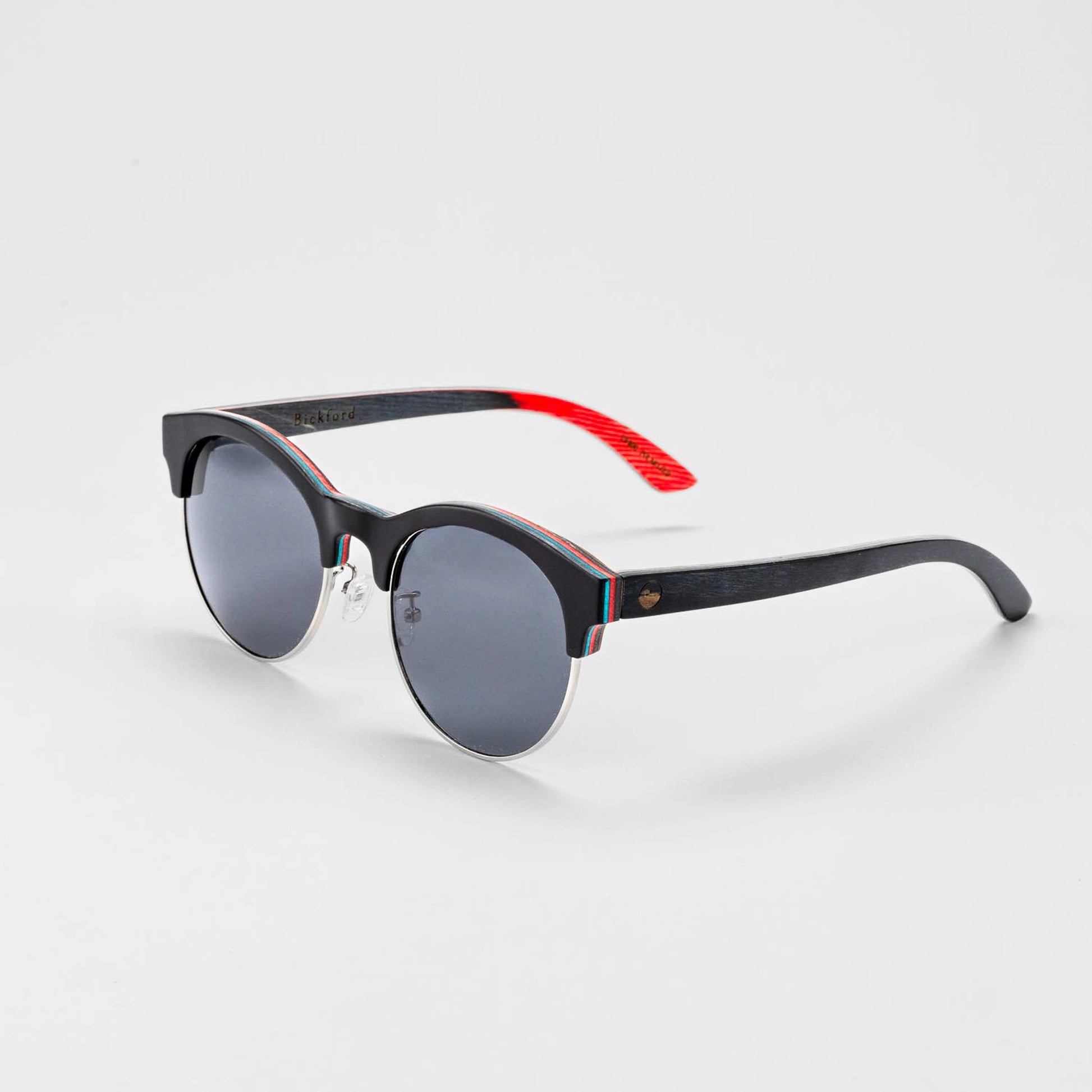 Bickford USA Timberline Half-Frame Sunglasses in midnight black, angled side view showing the layered wood temples and engraved Bickford logo.