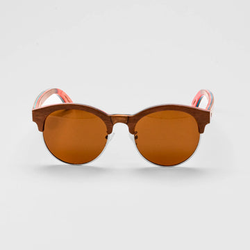 Bickford USA Timberline Half-Frame Sunglasses in walnut wood, front view, with brown lenses and layered skate-deck temples.
