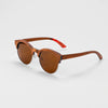 Bickford USA Timberline Half-Frame Sunglasses in walnut wood, angled side view showing the layered wood temples and engraved Bickford logo.