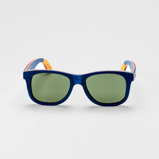 Bickford USA Timberline Full-Frame Sunglasses in deep blue wood, front view, with green lenses.