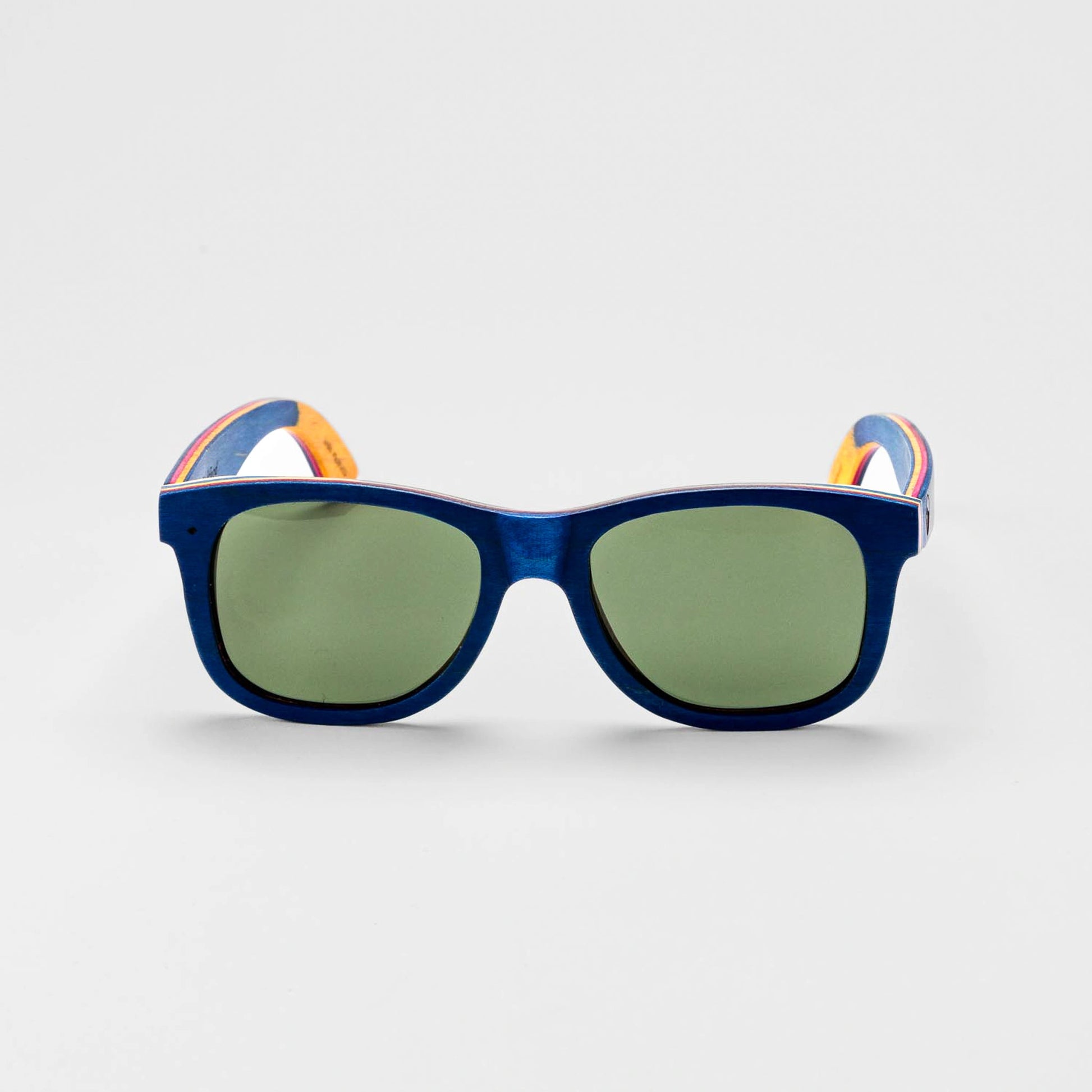 Bickford USA Timberline Full-Frame Sunglasses in deep blue wood, front view, with green lenses.