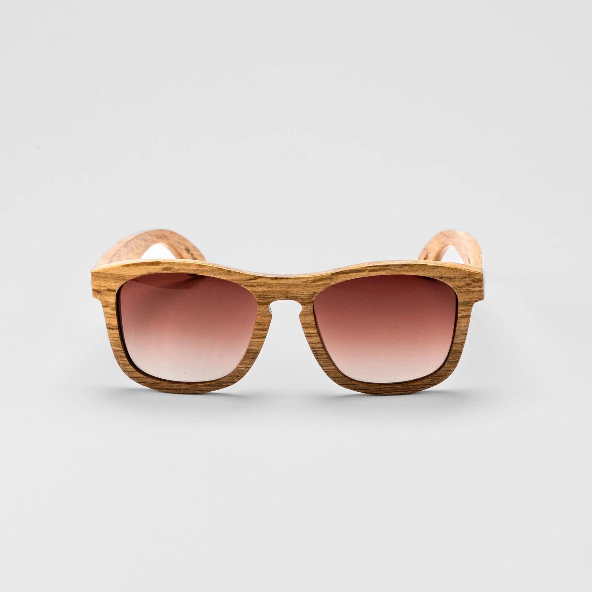 Bickford USA Timberline Full-Frame Sunglasses in natural zebrano wood, front view, with gradient brown lenses.