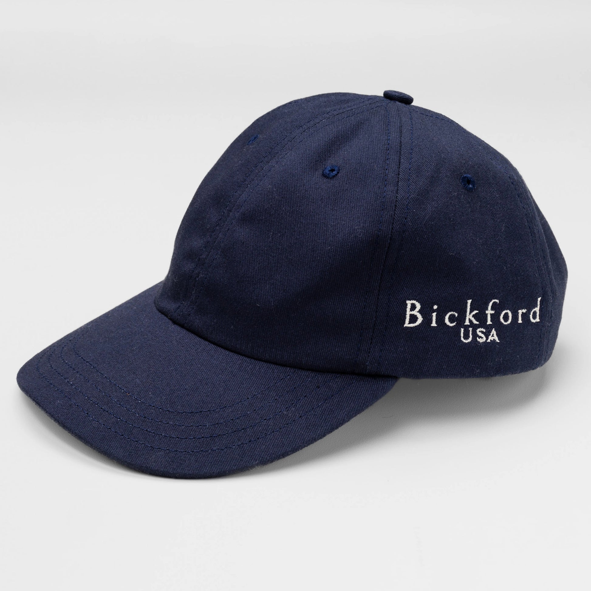 Bickford USA Unstructured Chino Cap in Navy with embroidered logo, front angle view