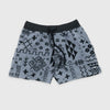 Bickford USA women's fleece shorts in the Boulder colorway — a gray base with an allover black geometric and tribal print — flat lay front view, featuring a black ribbed elastic waistband, drawstring, side hand pockets, and a circular Bickford logo patch on the lower right leg, against a light gray background.