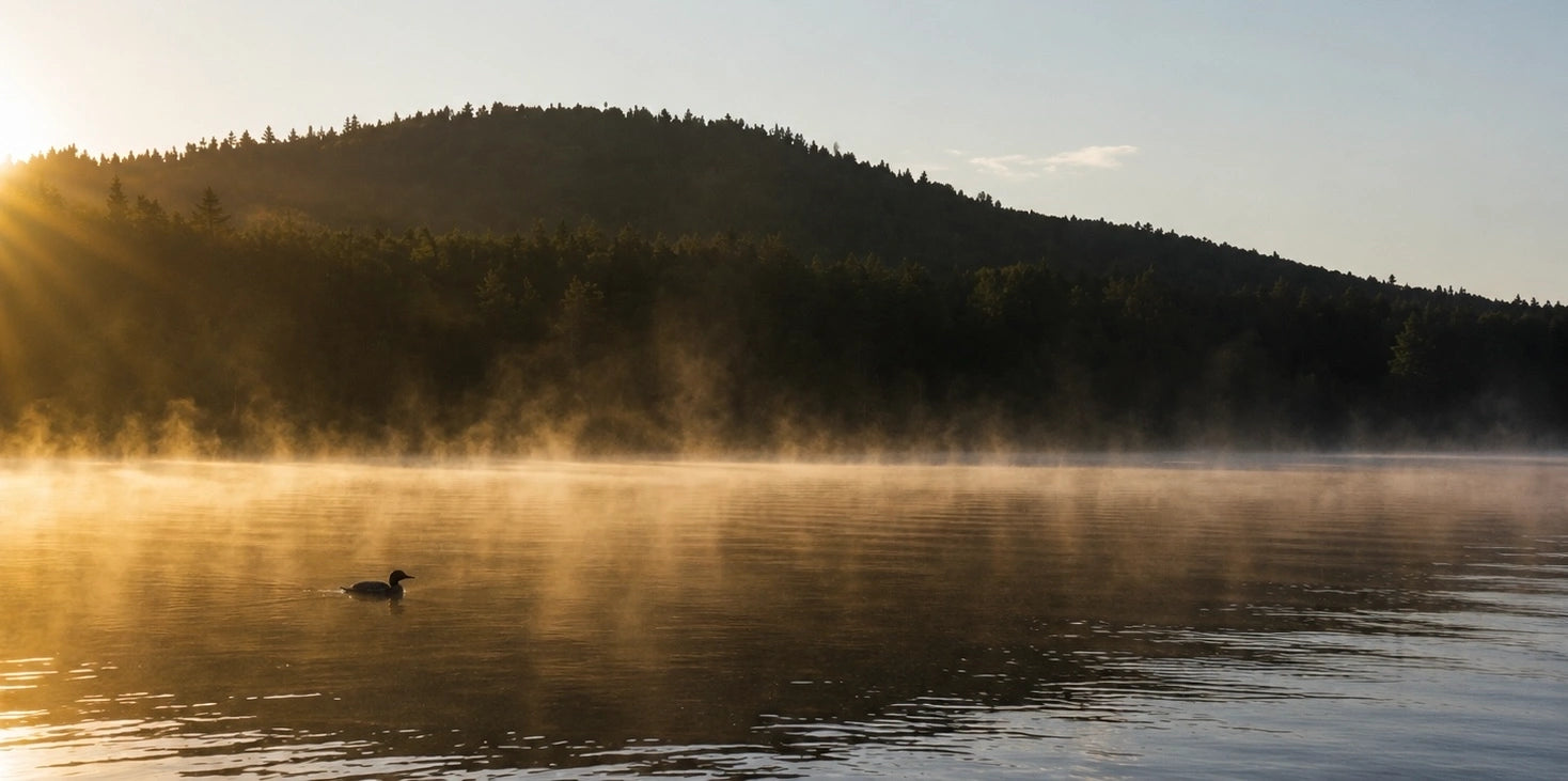 Misty morning over Bickford Pond in Porter, Maine, with a loon swimming in the foreground and forested hills in the background.